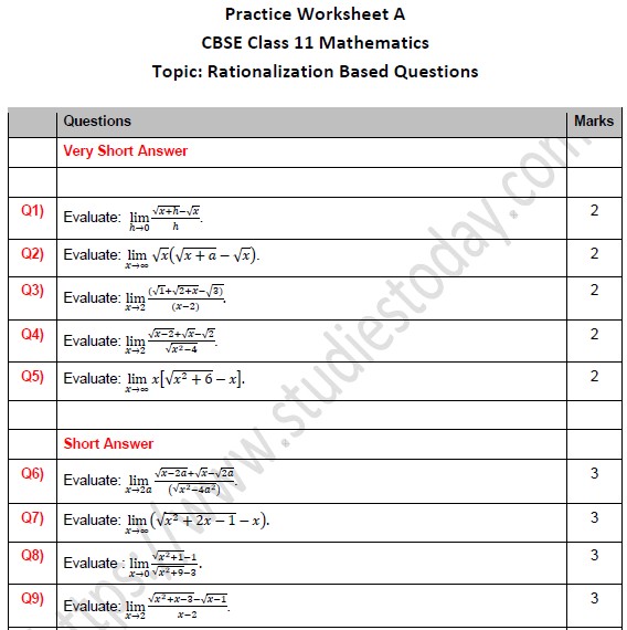 cbse-class-11-maths-rationalisation-based-questions-worksheet-set-a